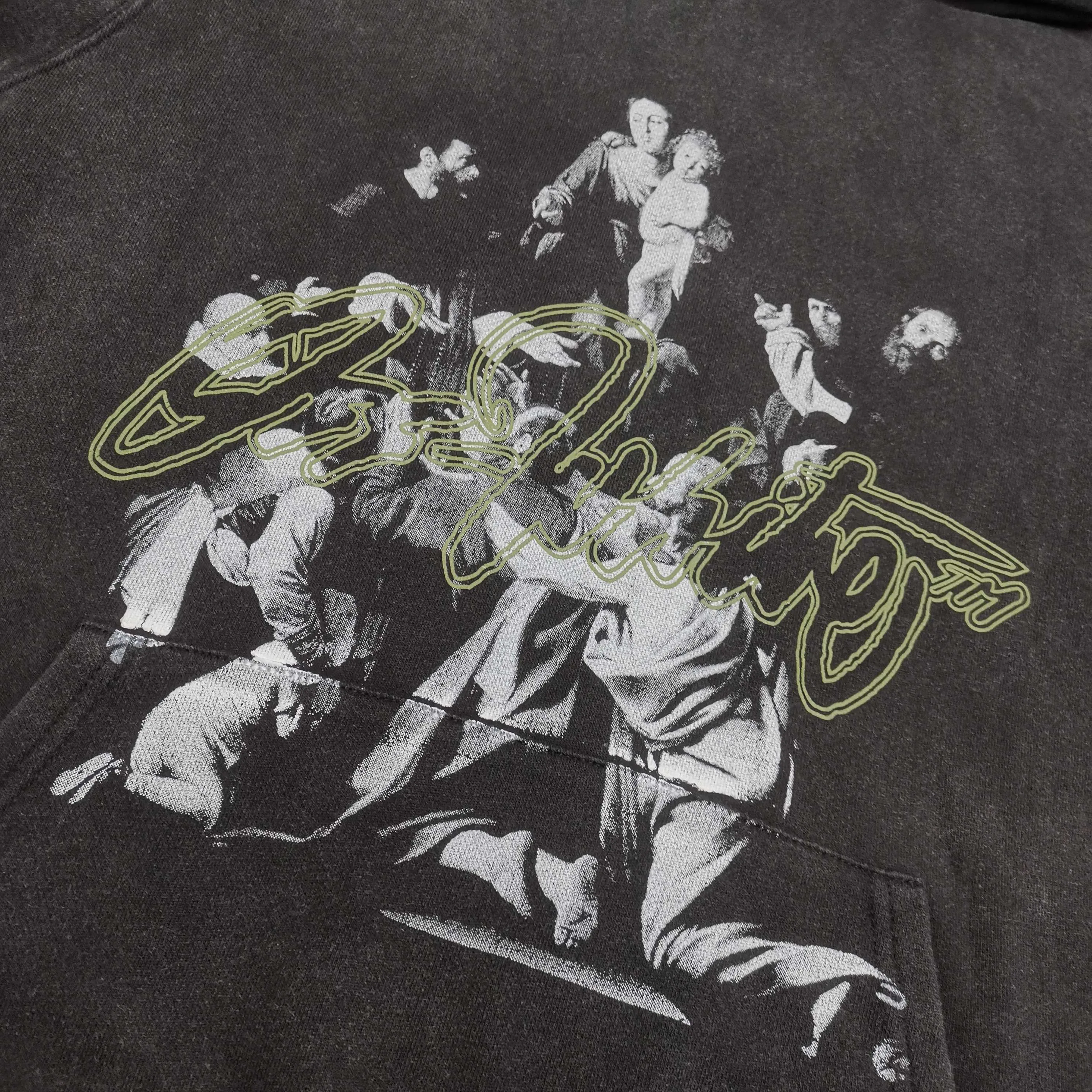 off white 25ss religious portrait oil painting 460g washed hooded sweatshirt Color: washed black Size: S M L XL P410